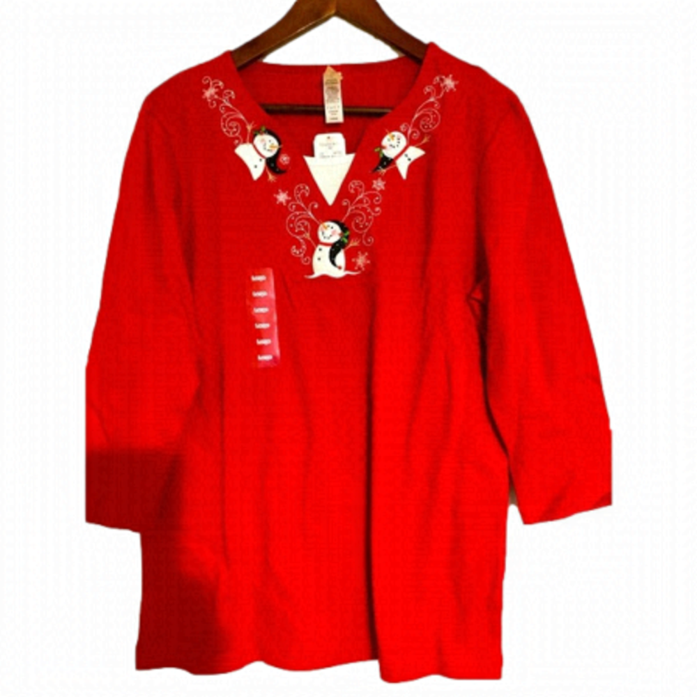 𝅺new- Long Sleeved Red Snowman Top, Lady’s Large (Christmas in July?!!) 🎄